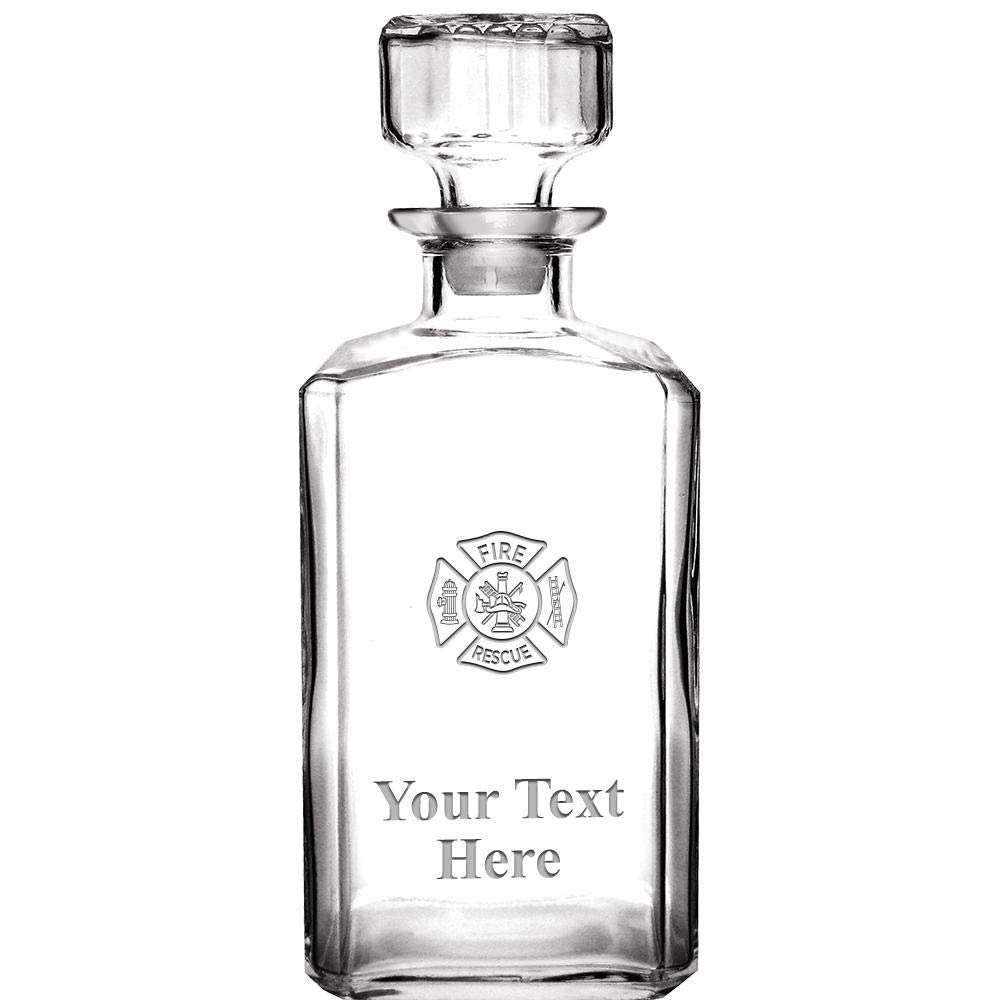 Glass decanter with fire rescue emblem and "Your Text Here" text