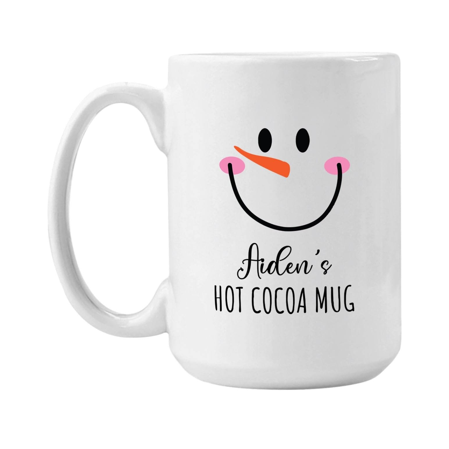 White mug with snowman face and "Arden's Hot Cocoa Mug" text
