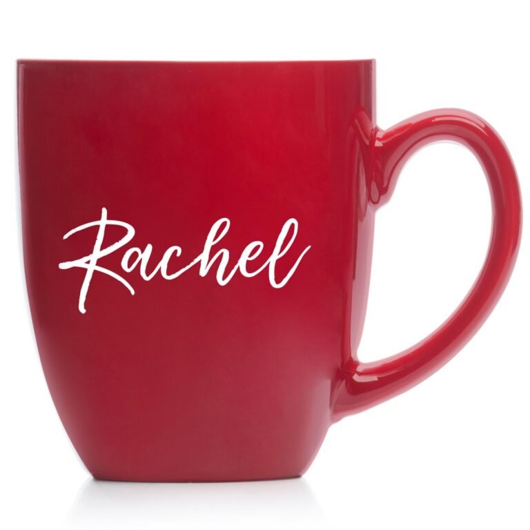 Red coffee mug with the name "Rachel" in white script