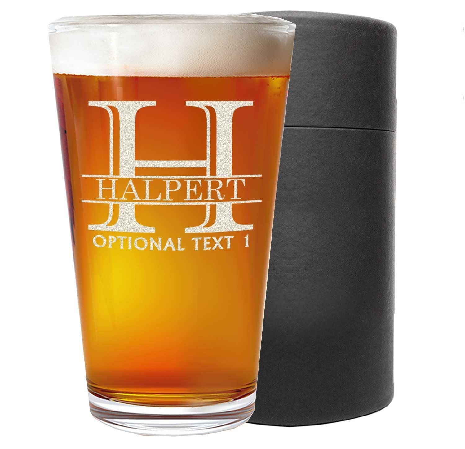 Personalized beer glass with "Halpert" and a black gift box