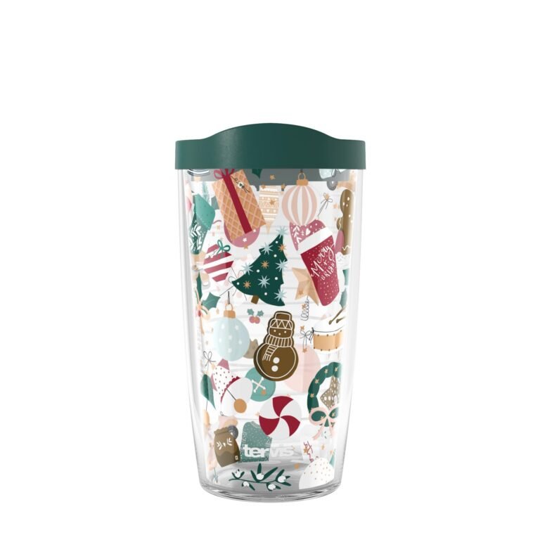 Clear Tervis tumbler with Christmas ornaments and green lid