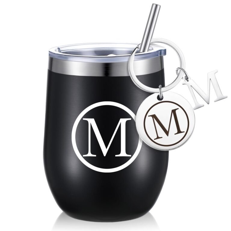 Black tumbler with letter "M" design and matching keychain