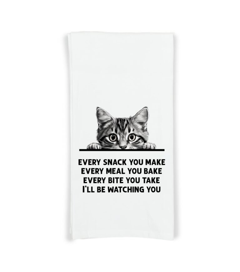 White towel with a cat peeking over a black line, text below
