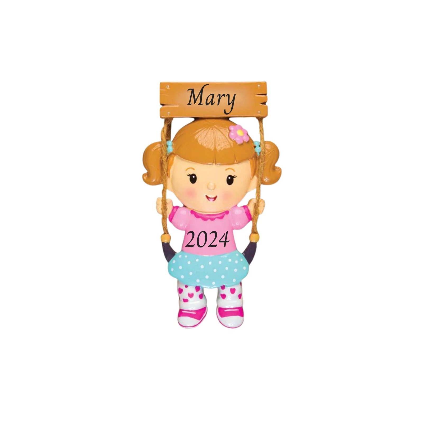 Ornament of a girl on a swing, with "Mary" and "2024" on it