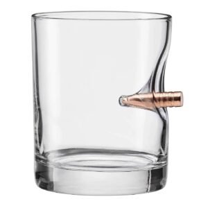 Clear glass tumbler with a bullet embedded in the side
