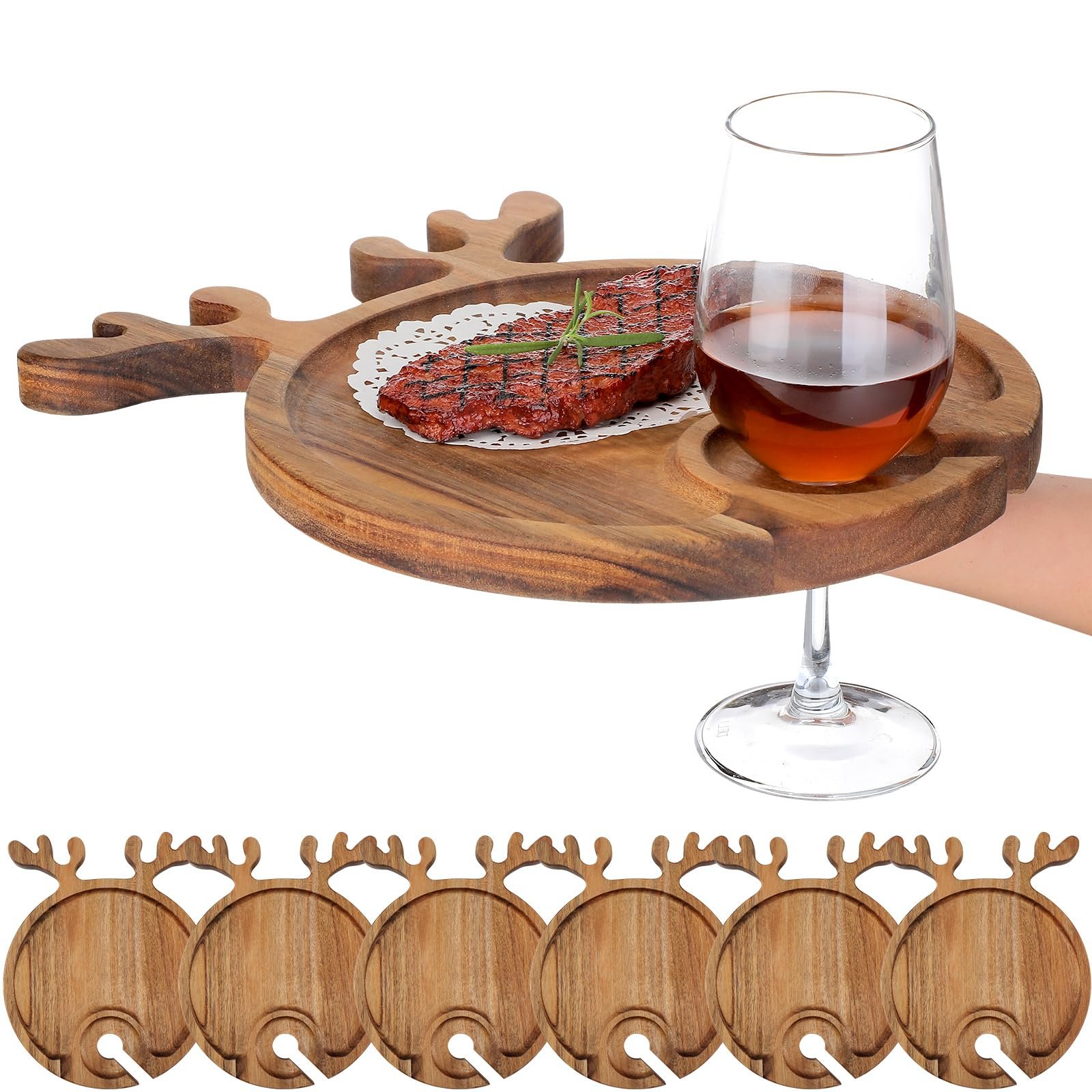 Wooden reindeer-shaped serving tray with steak, wine glass, and coasters