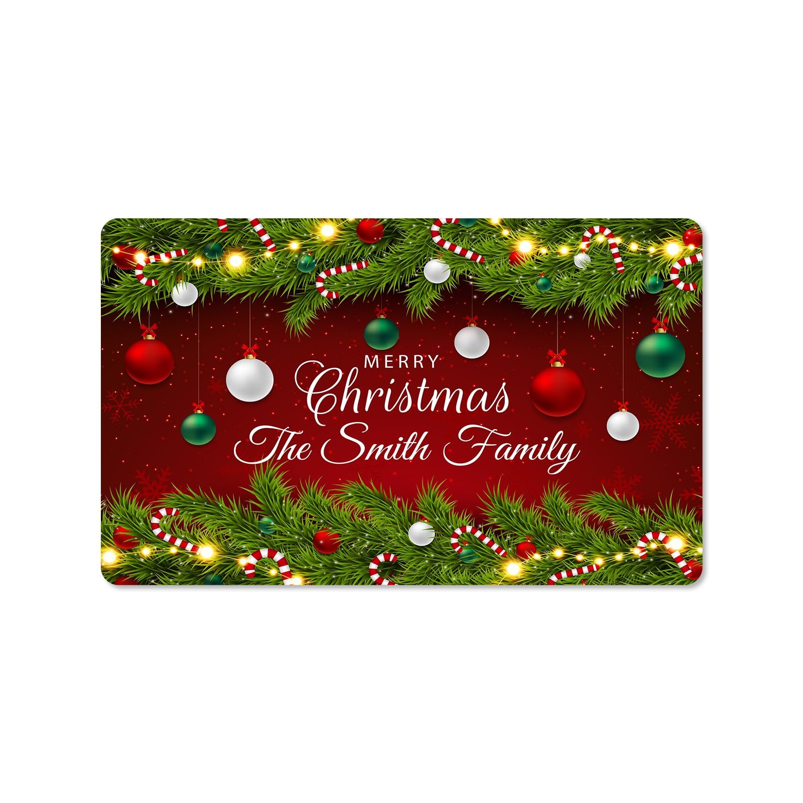 Christmas card with ornaments, garland, candy canes, and "The Smith Family"