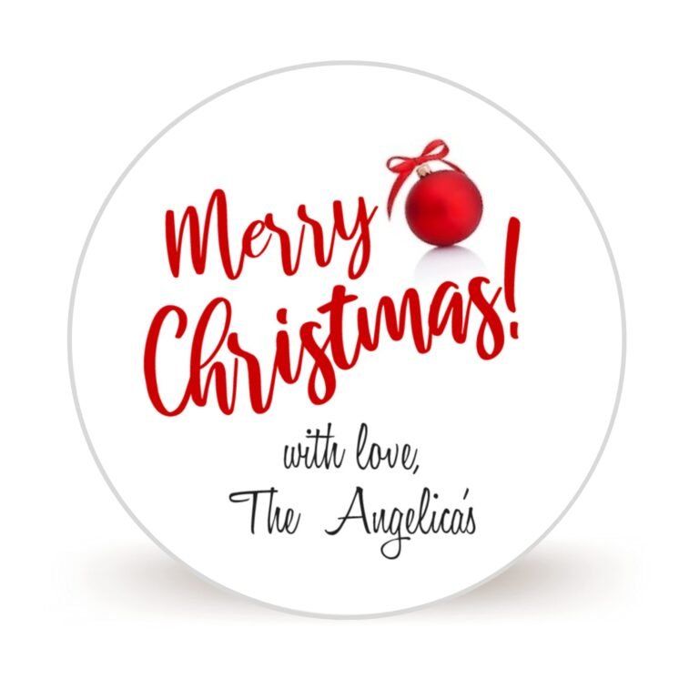 White circle with "Merry Christmas" text, red ornament, and family name