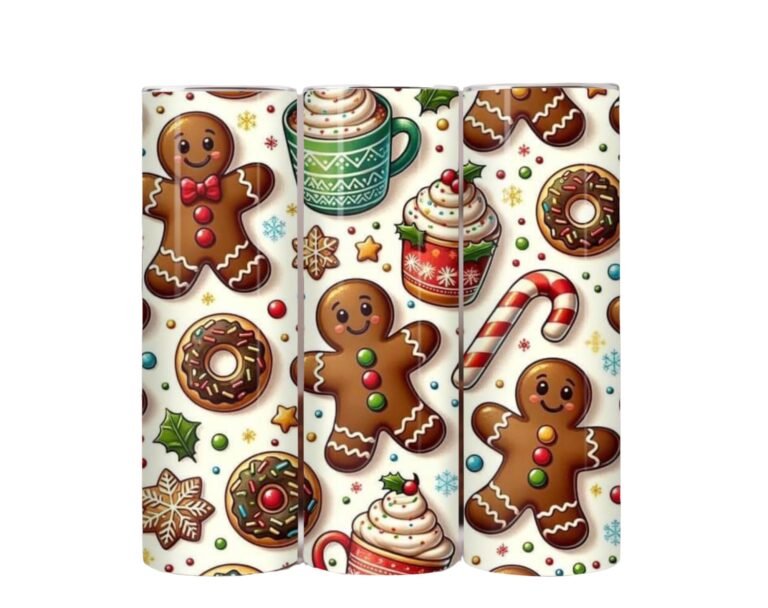 Three Christmas-themed tumblers with gingerbread men, donuts, and holiday treats