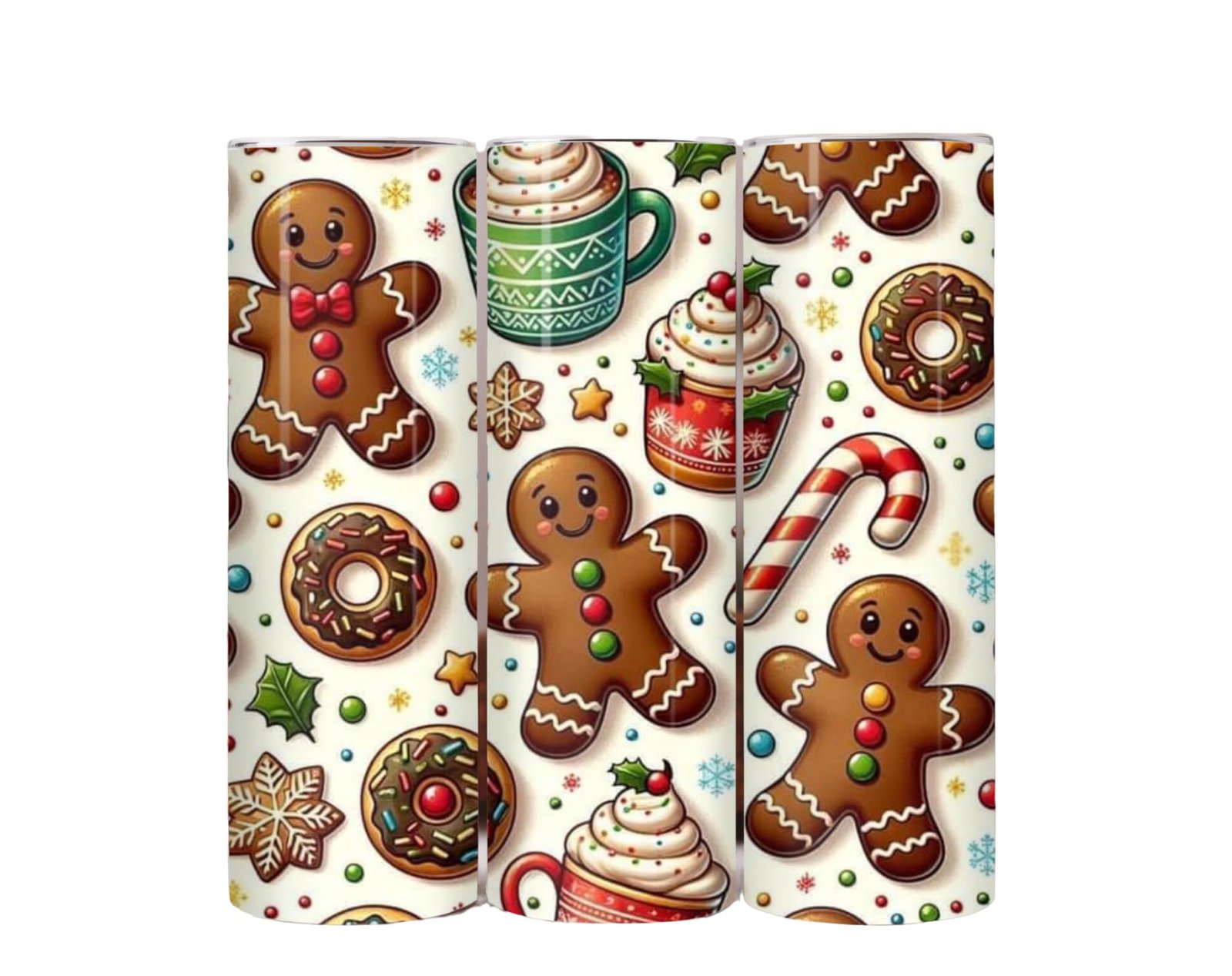 Three Christmas-themed tumblers with gingerbread men, donuts, and holiday treats