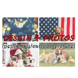 Four photos: cartoon animals in space, dog with American flag, pets with Santa hats