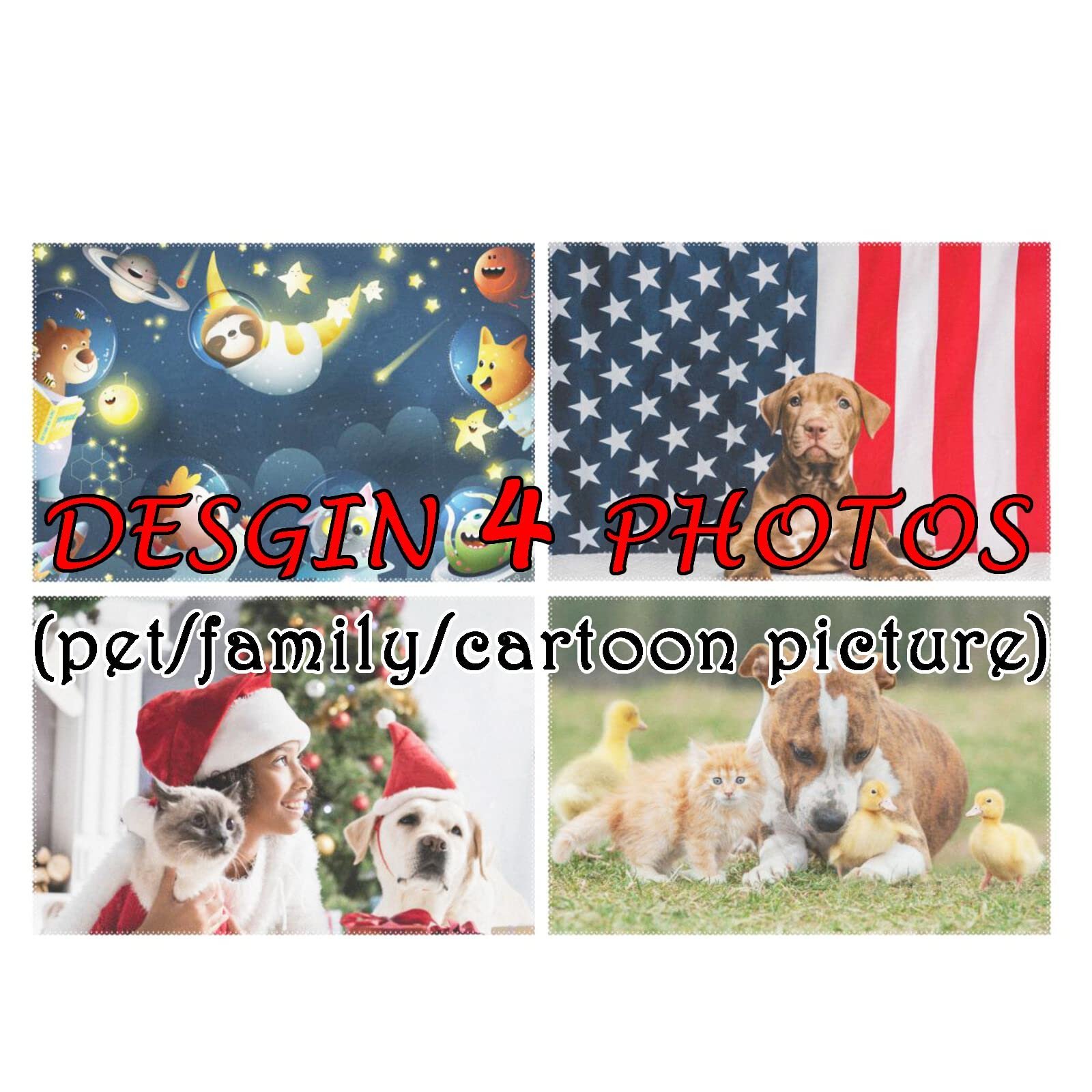 Four photos: cartoon animals in space, dog with American flag, pets with Santa hats