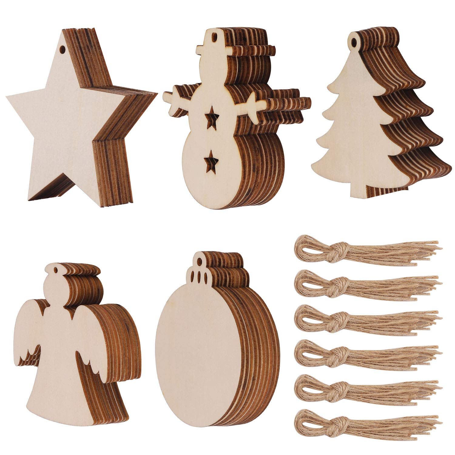 Wooden Christmas ornaments in star, snowman, tree, angel, and ball shapes with twine