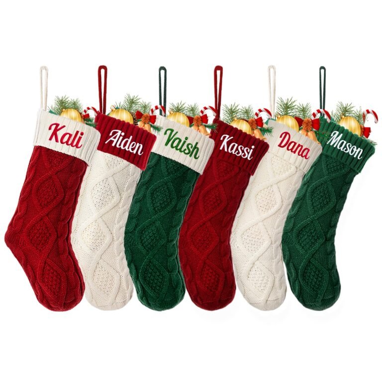 Six personalized Christmas stockings with names, red, white, and green