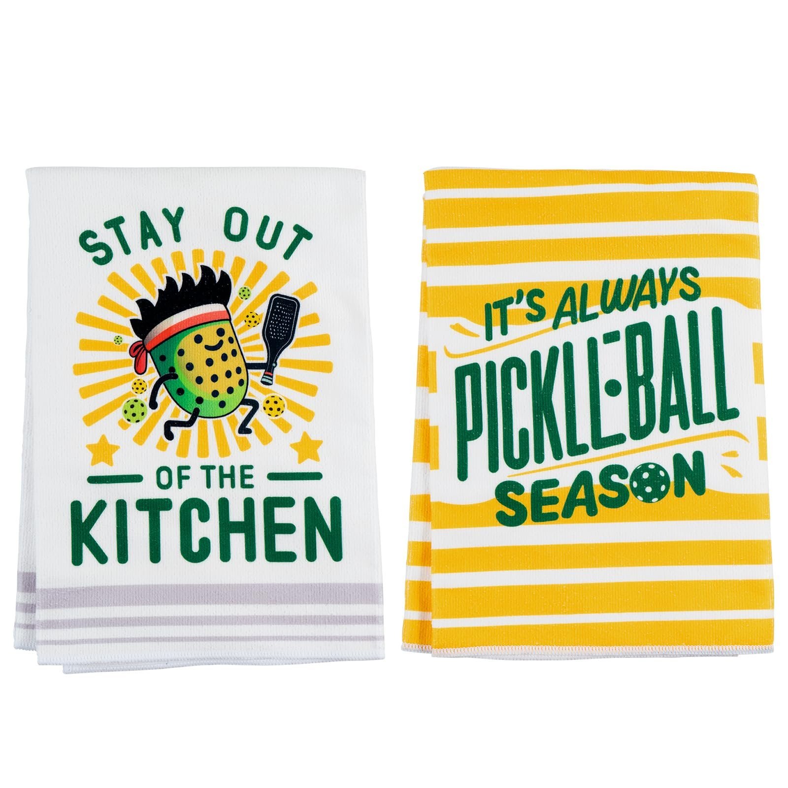 Two kitchen towels with pickleball-themed graphics and text
