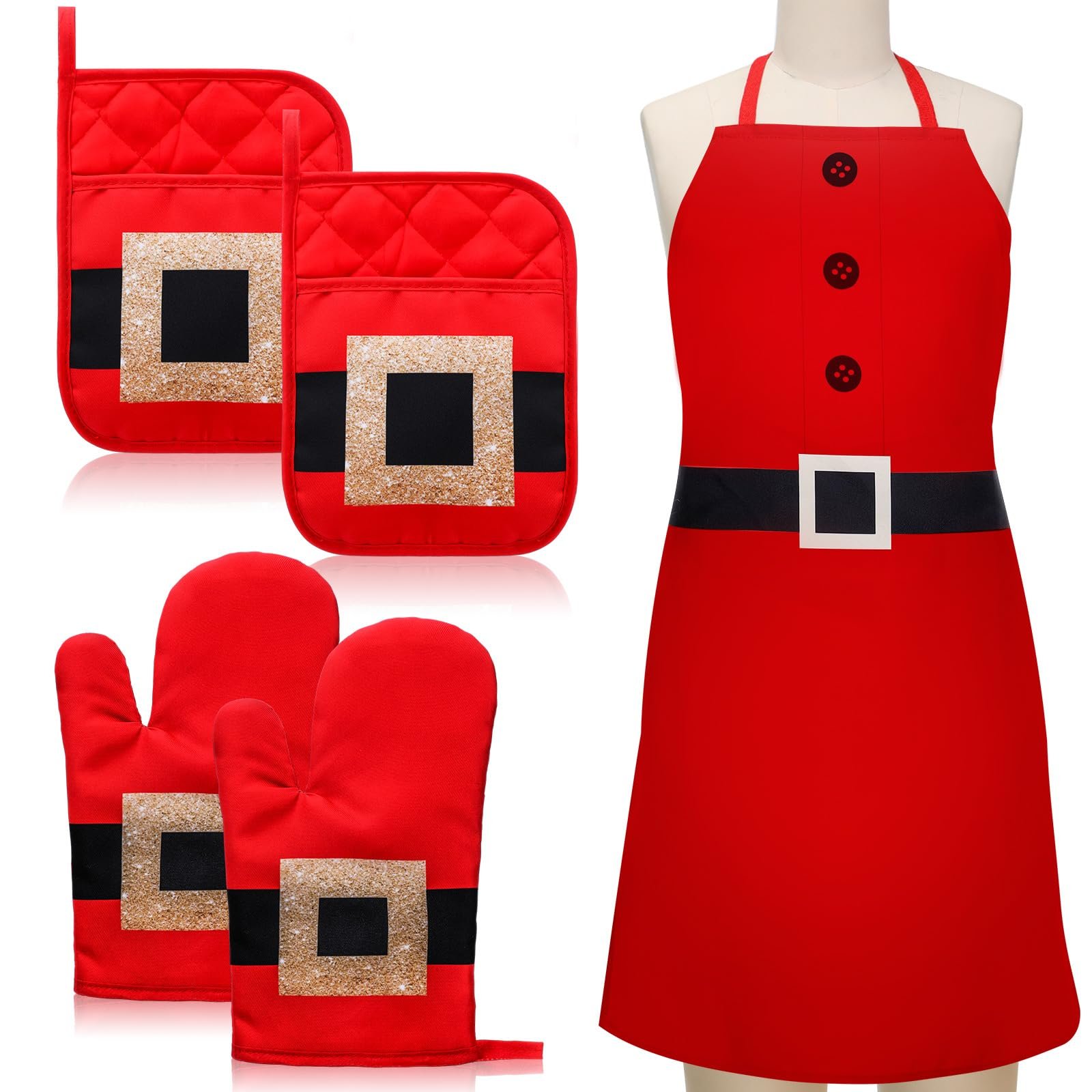 Santa Claus themed oven mitts, pot holders, and apron set