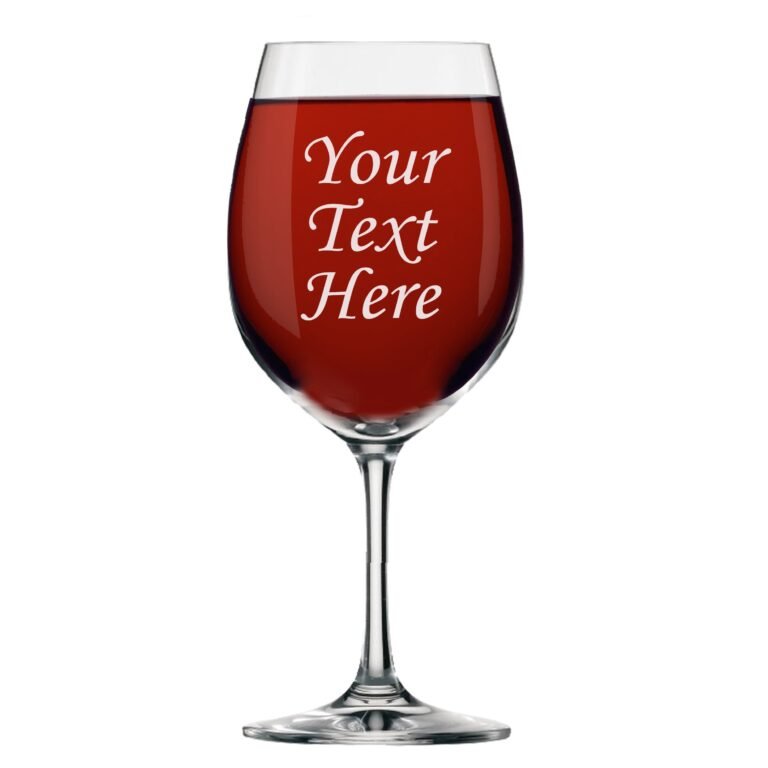 Wine glass filled with red liquid, "Your Text Here" on the glass