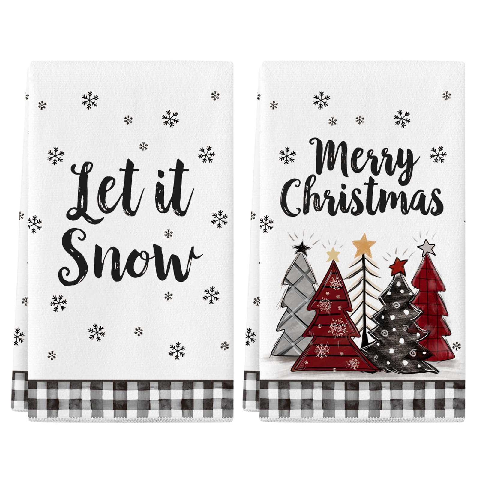 Two white Christmas towels with "Let it Snow" and "Merry Christmas"