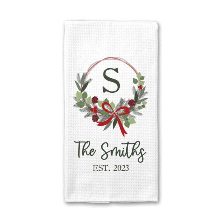 White towel with wreath, initial "S", "The Smiths" text, and "EST. 2023"