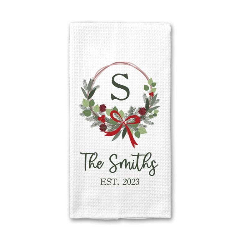 White towel with wreath, initial "S", "The Smiths" and "EST. 2023"