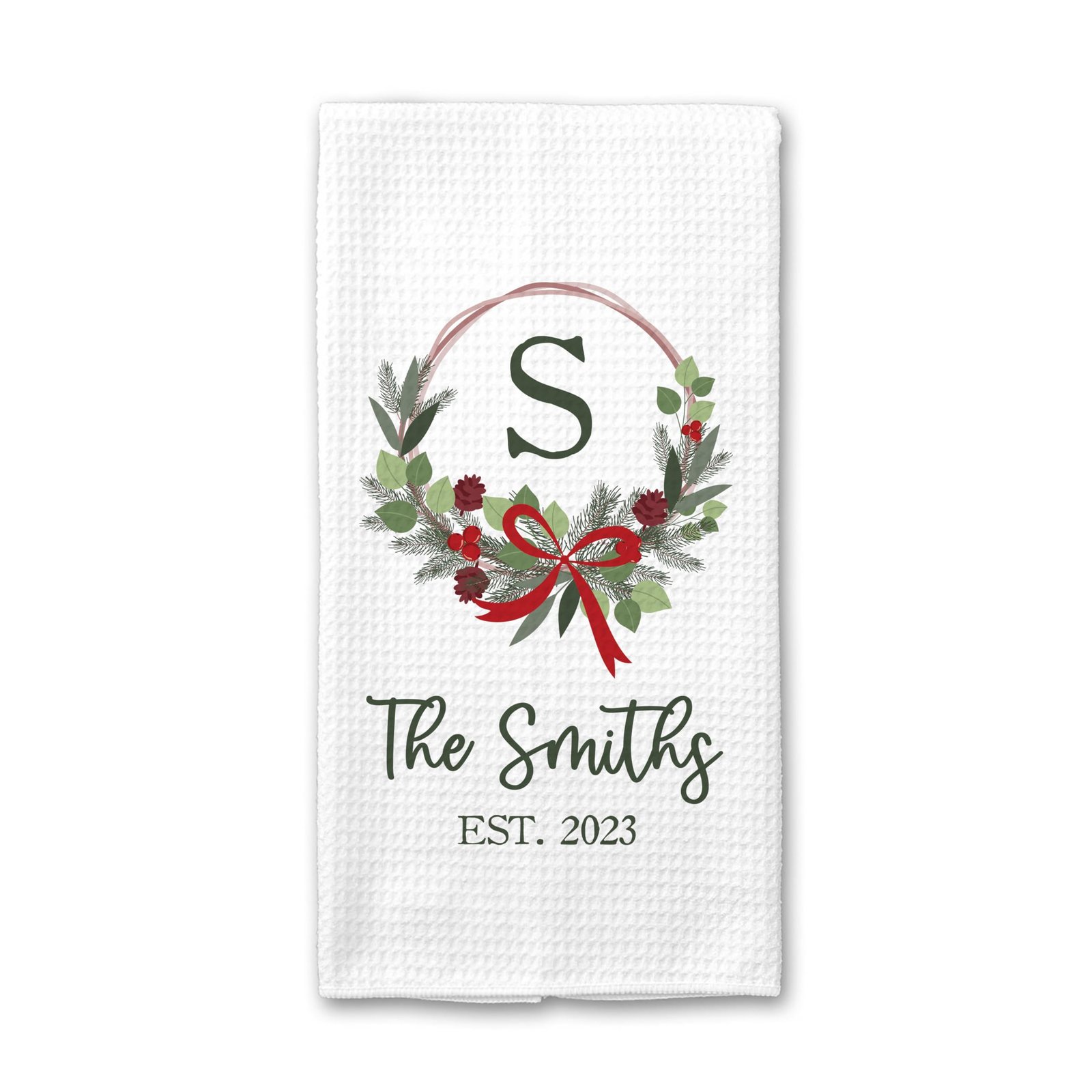 White towel with wreath, initial "S", "The Smiths" and "EST. 2023"
