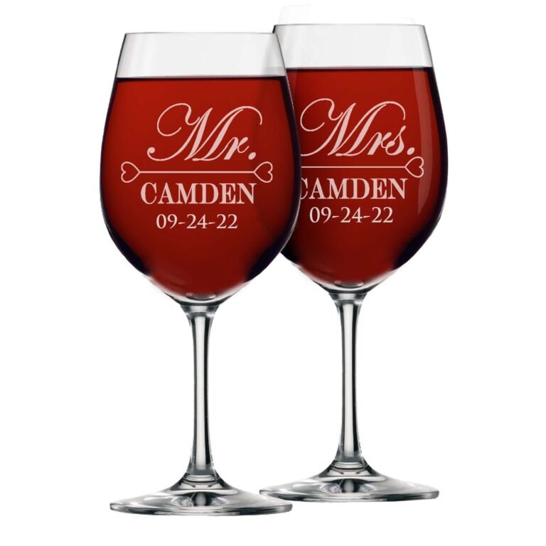 Two wine glasses filled with red wine, "Mr. & Mrs. Camden" engraved