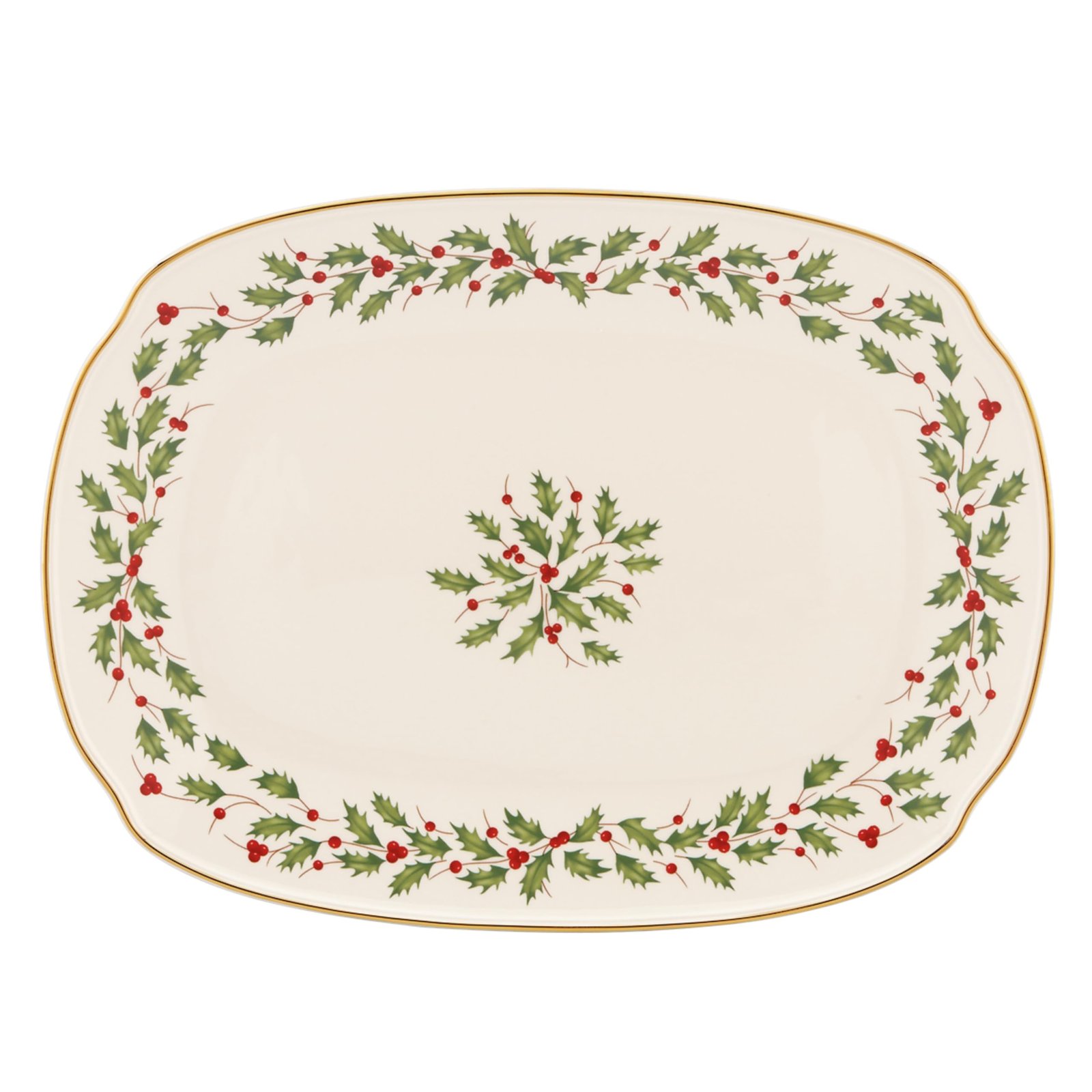 Cream-colored oval platter with holly and berry design, gold trim