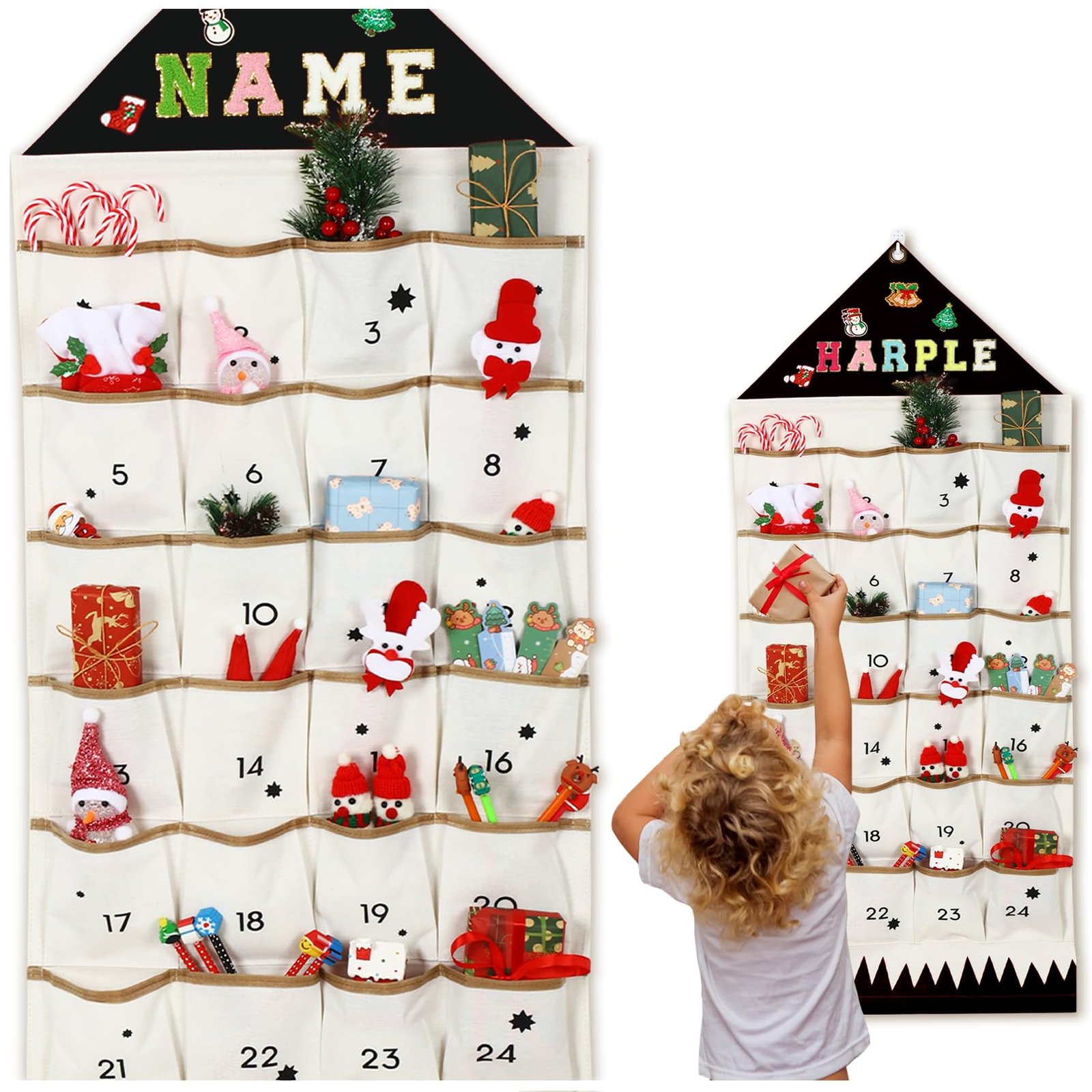 Christmas advent calendar with pockets, decorations, and a child reaching for a gift