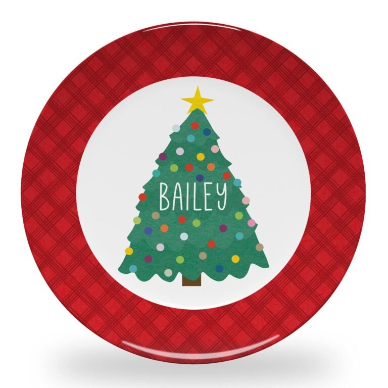 Christmas plate with a tree, name "Bailey", and red plaid border