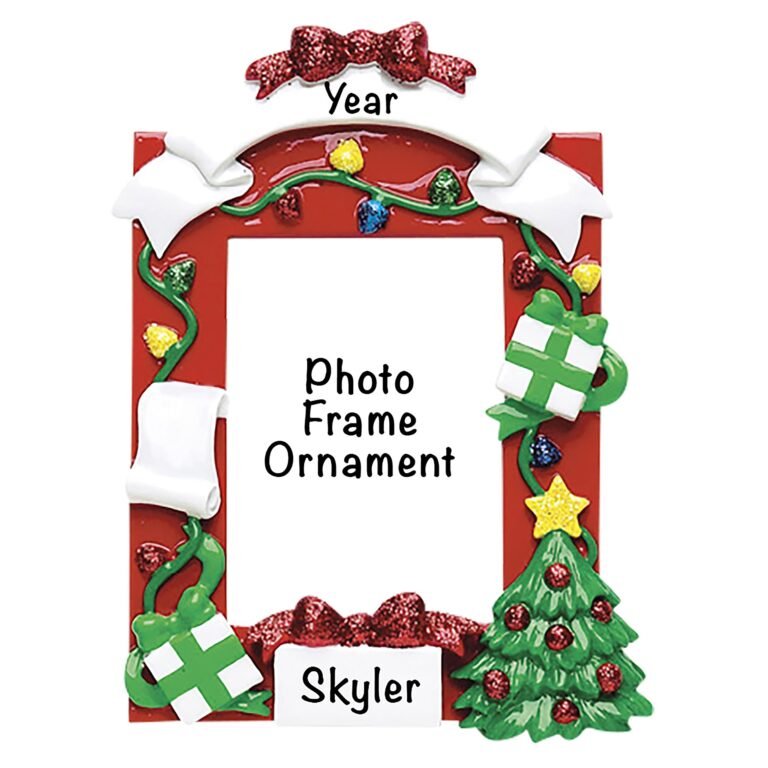Red Christmas photo frame ornament with gifts, tree, and "Skyler" name