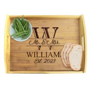 Wooden tray with green beans, bread, and "Mr. & Mrs. Williams Est. 2023"