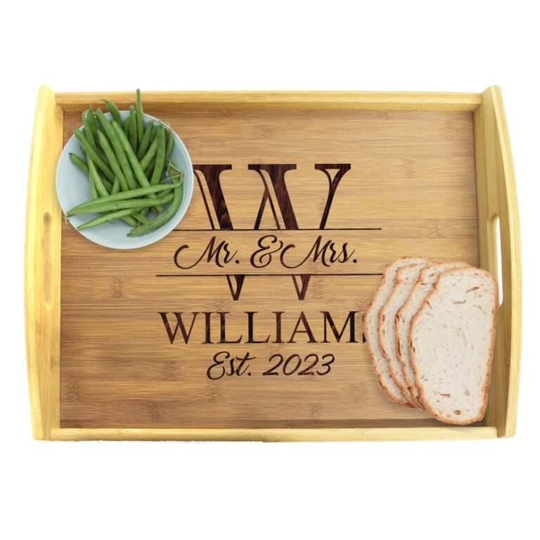 Wooden tray with green beans, bread, and "Mr. & Mrs. Williams Est. 2023"
