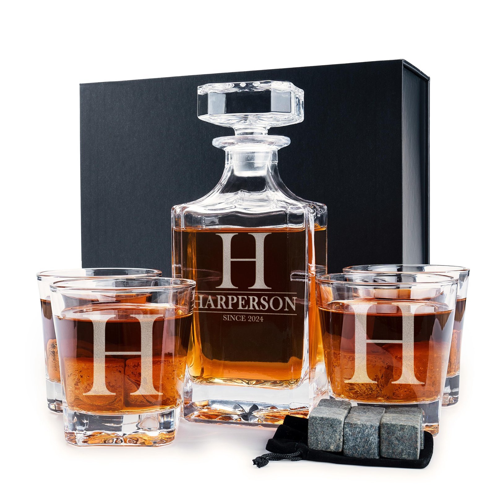 Whiskey decanter and glasses set with personalized "H" and name, gift box