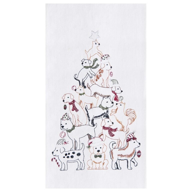 Embroidered Christmas tree made of dogs wearing holiday accessories