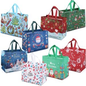 Assortment of colorful Christmas-themed gift bags with various festive patterns