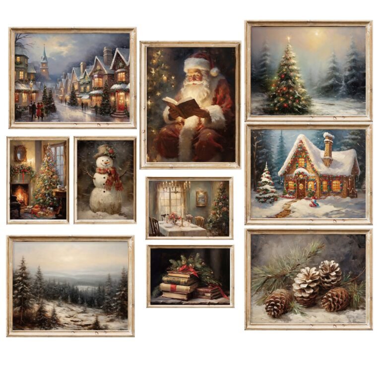 Nine framed Christmas paintings, including Santa, snow scenes, and decorated homes