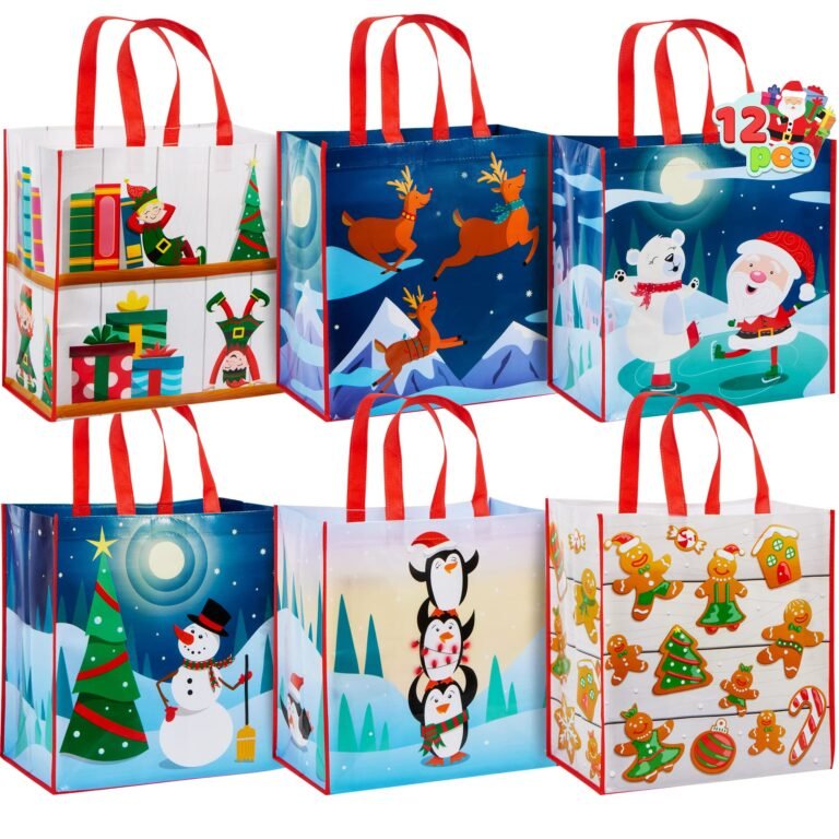 Six Christmas-themed reusable shopping bags with red handles and festive designs