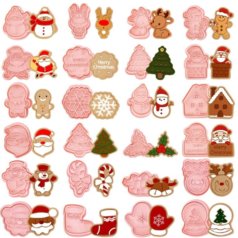 Christmas-themed cookie cutters in various shapes, including Santa, reindeer, and trees