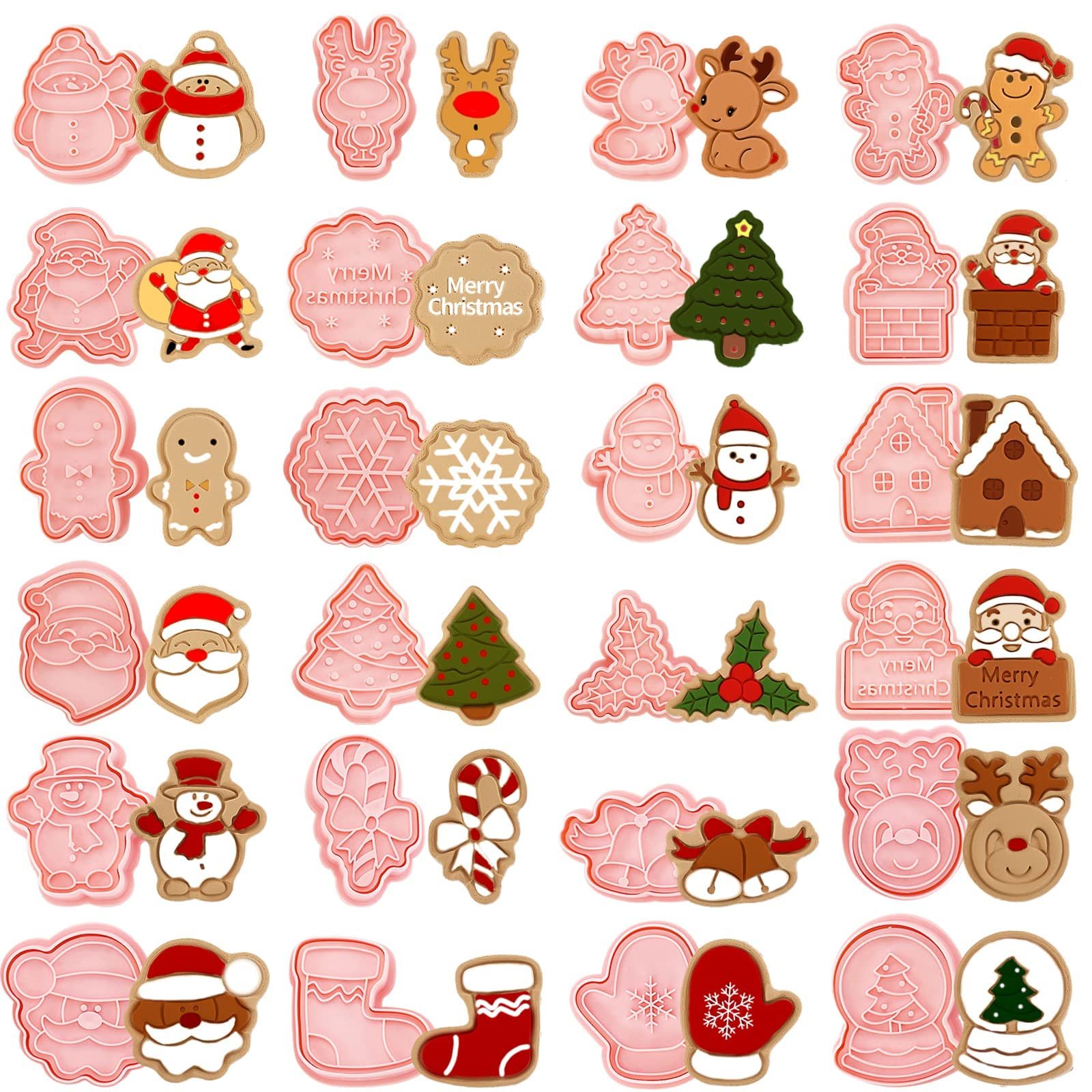 Christmas-themed cookie cutters in various shapes, including Santa, reindeer, and trees