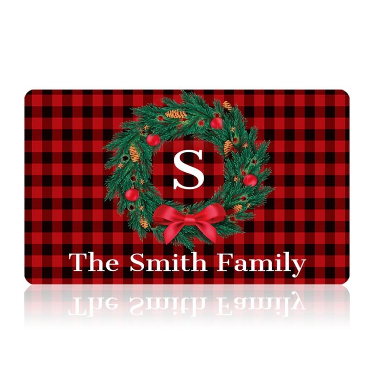 Red plaid doormat with wreath, initial "S", and "The Smith Family" text
