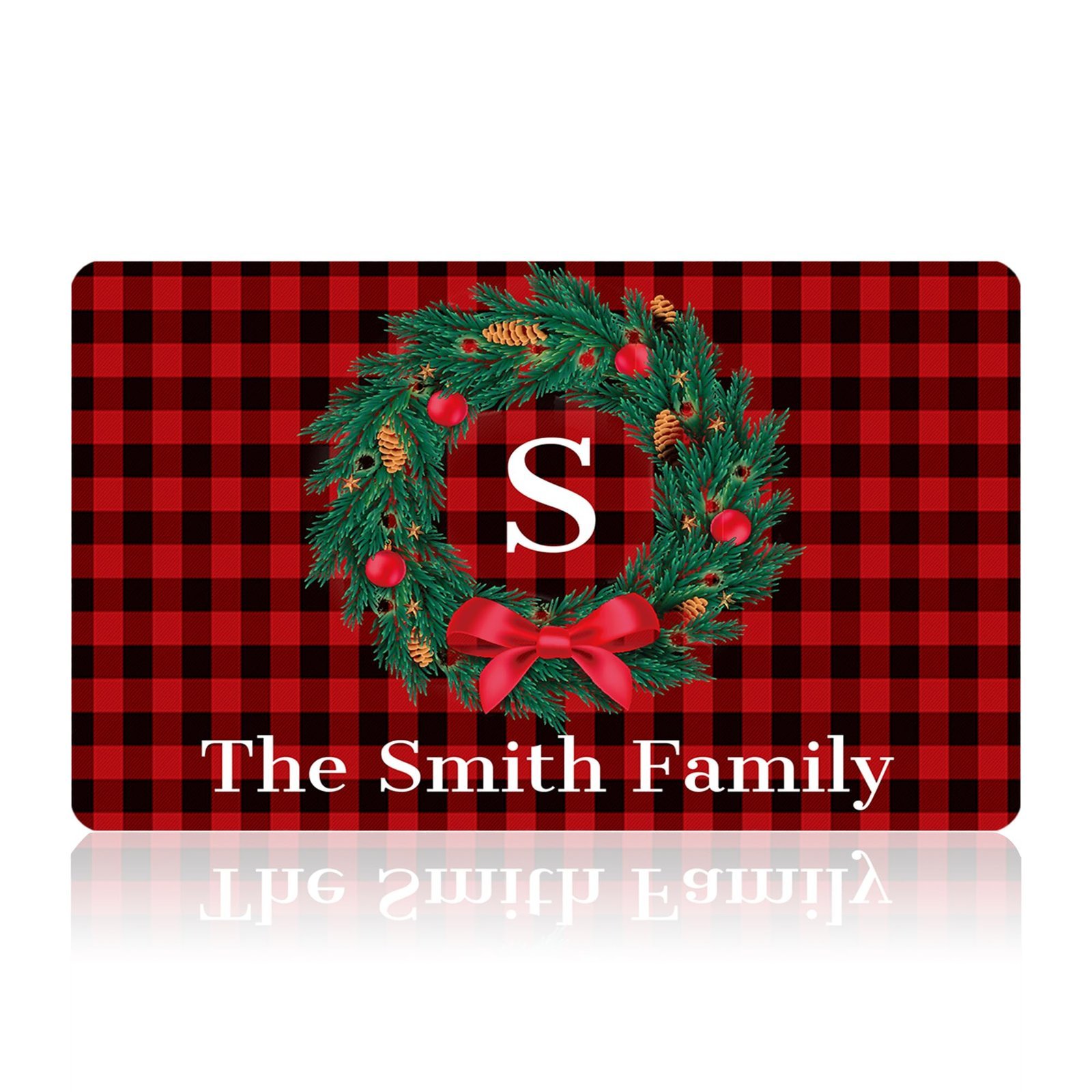 Red plaid doormat with wreath, initial "S", and "The Smith Family" text