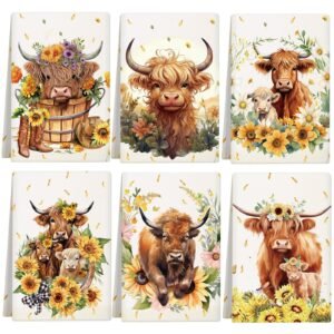 Six decorative panels with watercolor Highland cows and floral accents
