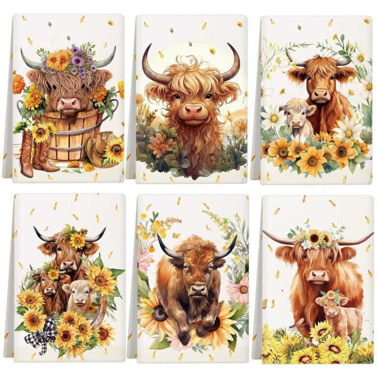 Six decorative panels with watercolor Highland cows and floral accents