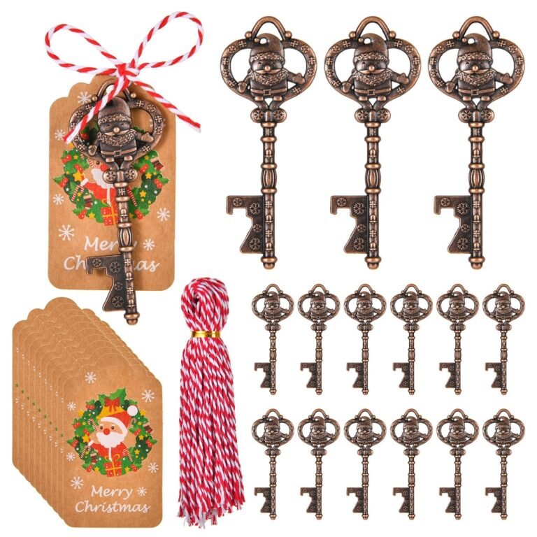 Christmas-themed key bottle openers, gift tags, and red and white twine