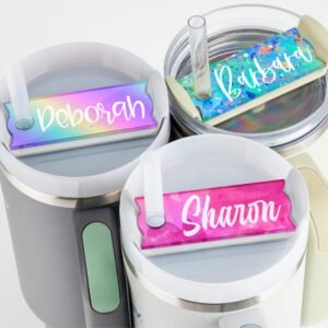 Three personalized tumblers with names Deborah, Barbara, and Sharon on them