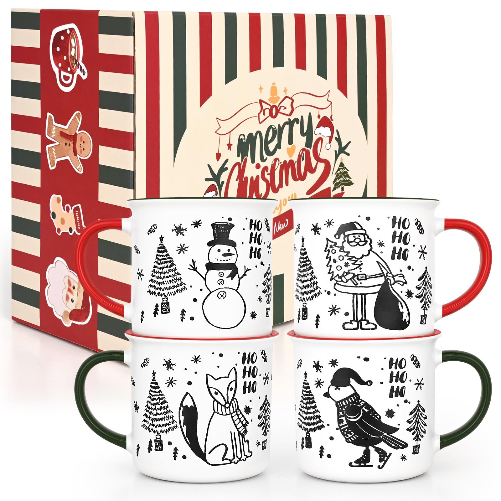 Christmas-themed mug set with gift box, featuring festive illustrations and red/green accents