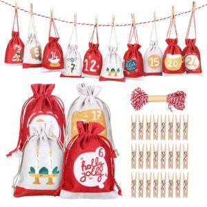Advent calendar with numbered bags, string, clothespins, and red and white twine