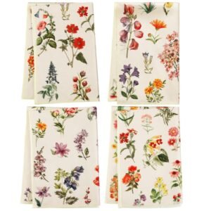 Four floral patterned kitchen towels on a white background