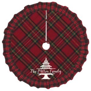 Red plaid Christmas tree skirt with ruffled edge and family name