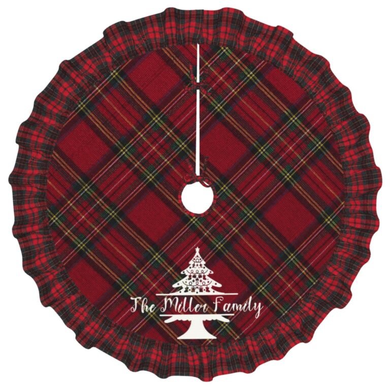 Red plaid Christmas tree skirt with ruffled edge and family name